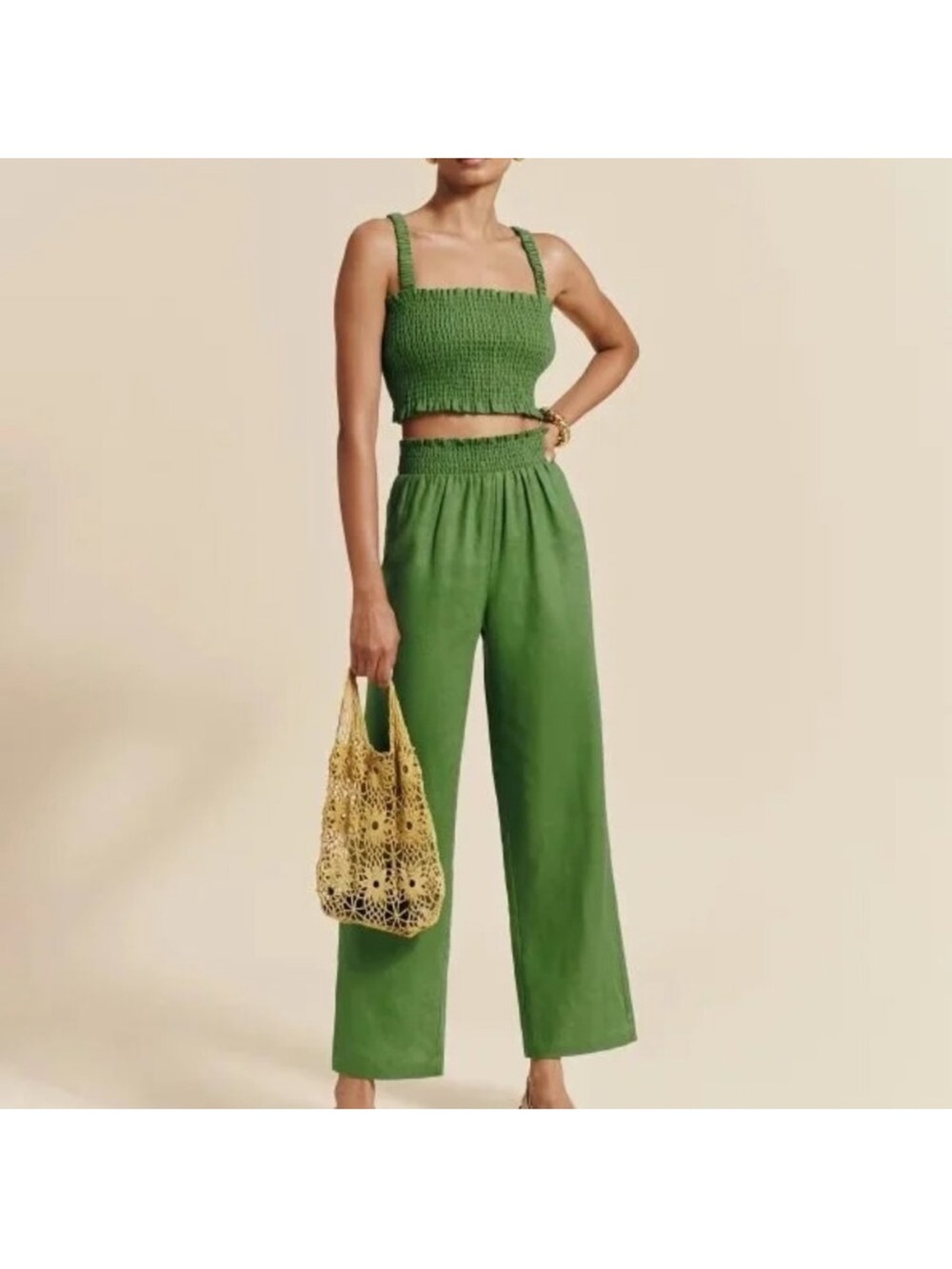 Smocked Crop Tank & Wide-Leg Pants Set - Green